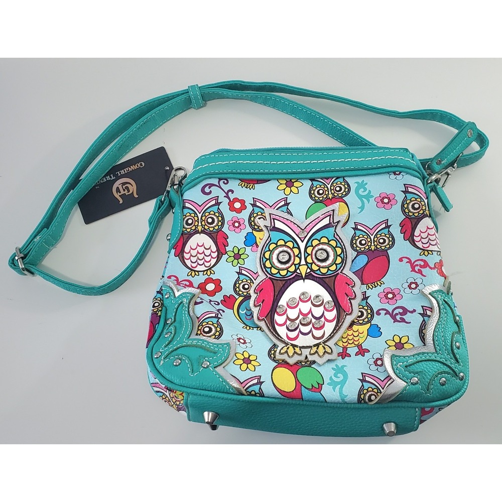 Cowgirl Trendy Purse Teal Owl Printed Multi Color Conceal Carry‎ Gun Western NWT